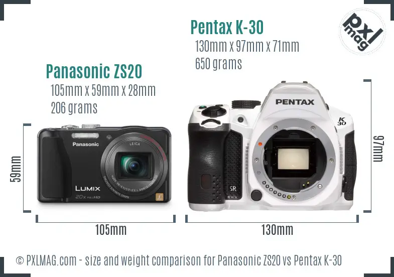 Panasonic ZS20 vs Pentax K-30 size comparison