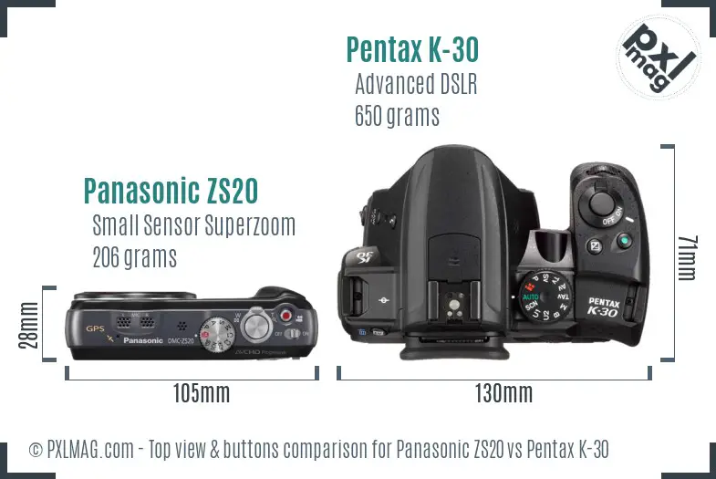 Panasonic ZS20 vs Pentax K-30 top view buttons comparison
