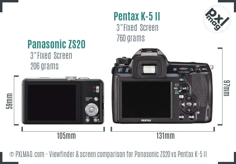 Panasonic ZS20 vs Pentax K-5 II Screen and Viewfinder comparison