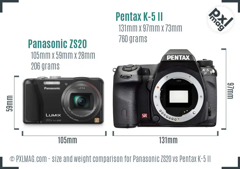Panasonic ZS20 vs Pentax K-5 II size comparison