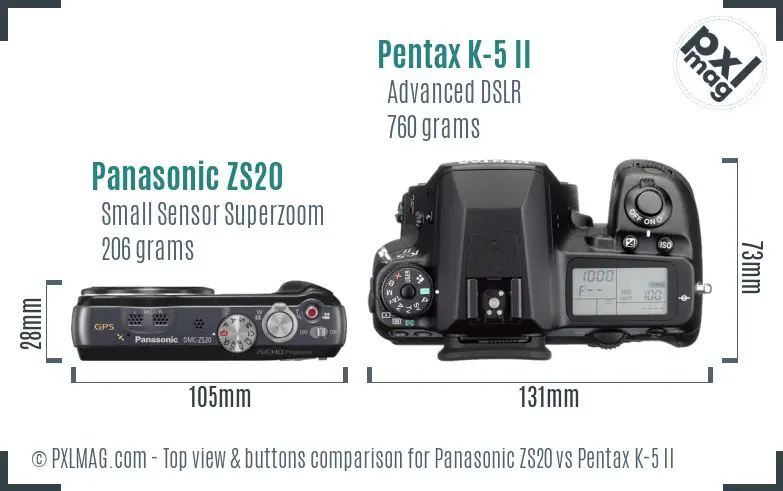 Panasonic ZS20 vs Pentax K-5 II top view buttons comparison