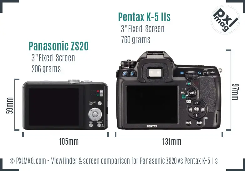 Panasonic ZS20 vs Pentax K-5 IIs Screen and Viewfinder comparison