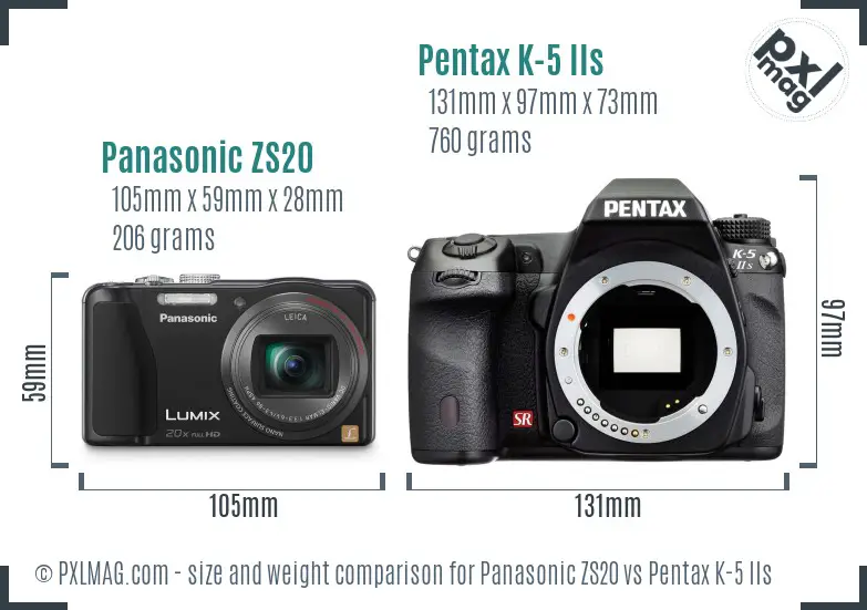 Panasonic ZS20 vs Pentax K-5 IIs size comparison