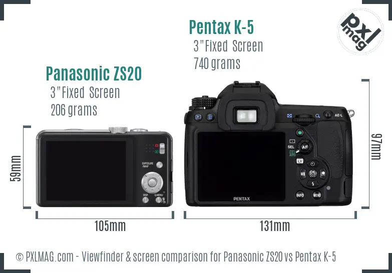 Panasonic ZS20 vs Pentax K-5 Screen and Viewfinder comparison