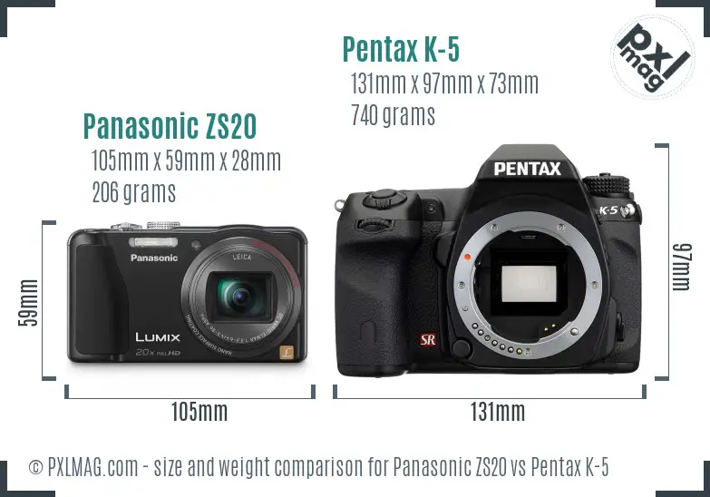 Panasonic ZS20 vs Pentax K-5 size comparison