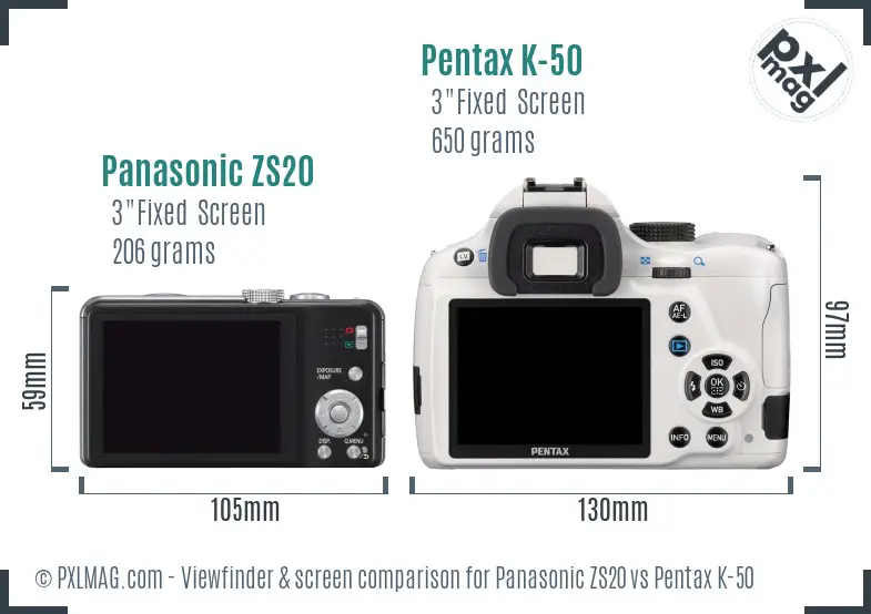Panasonic ZS20 vs Pentax K-50 Screen and Viewfinder comparison