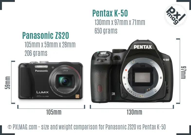 Panasonic ZS20 vs Pentax K-50 size comparison