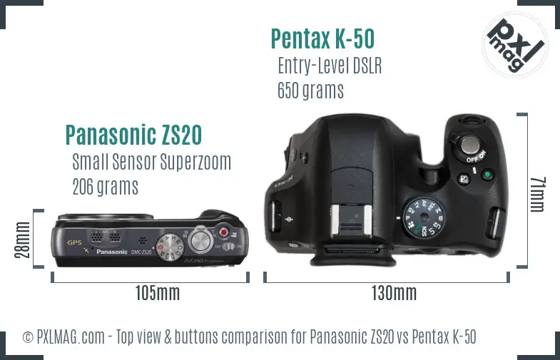 Panasonic ZS20 vs Pentax K-50 top view buttons comparison