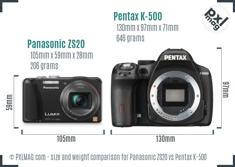 Panasonic ZS20 vs Pentax K-500 size comparison