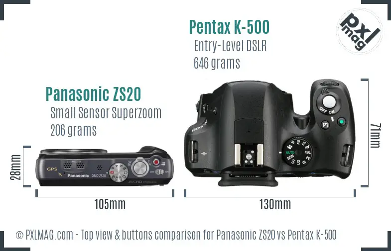 Panasonic ZS20 vs Pentax K-500 top view buttons comparison