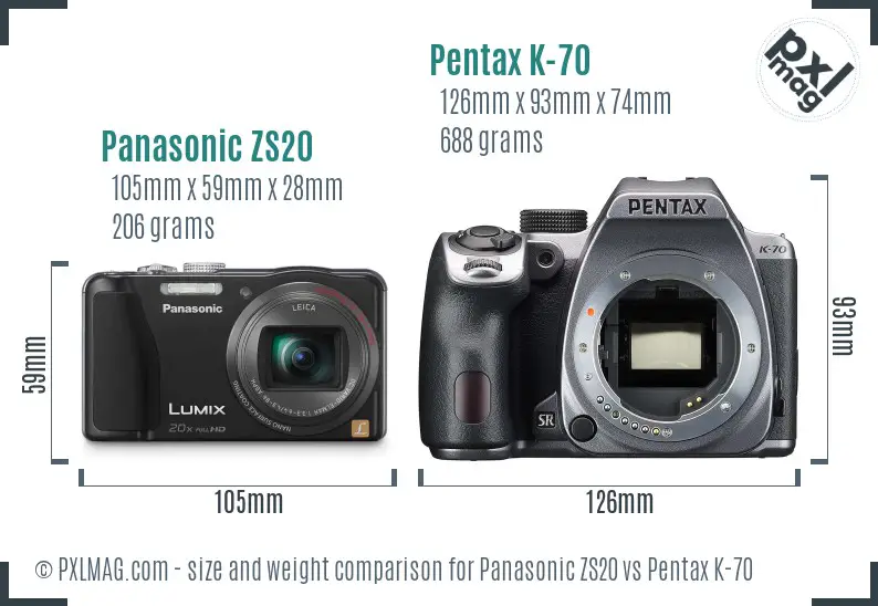 Panasonic ZS20 vs Pentax K-70 size comparison