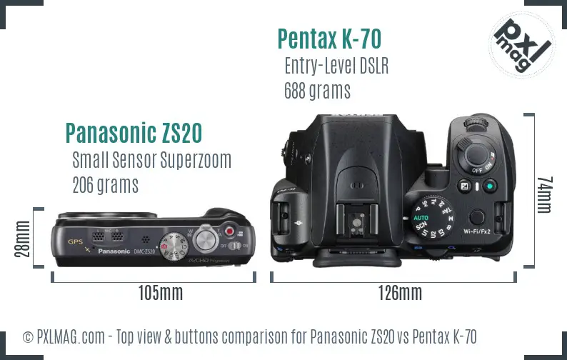 Panasonic ZS20 vs Pentax K-70 top view buttons comparison