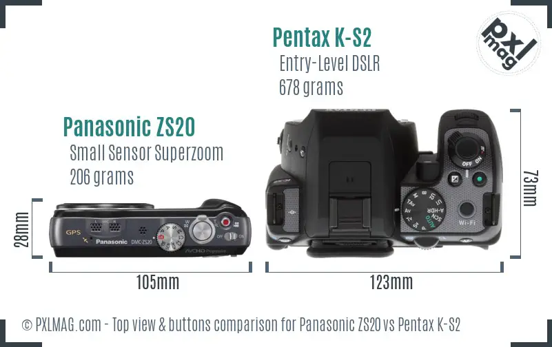Panasonic ZS20 vs Pentax K-S2 top view buttons comparison