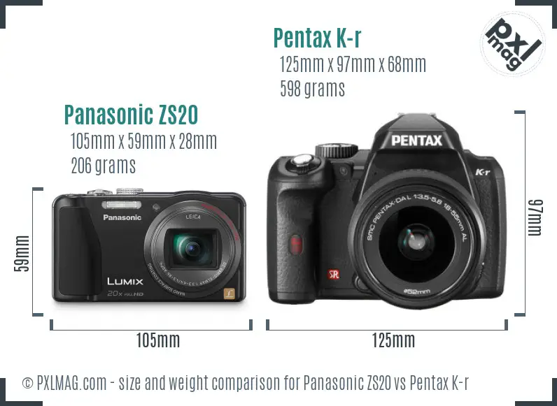 Panasonic ZS20 vs Pentax K-r size comparison