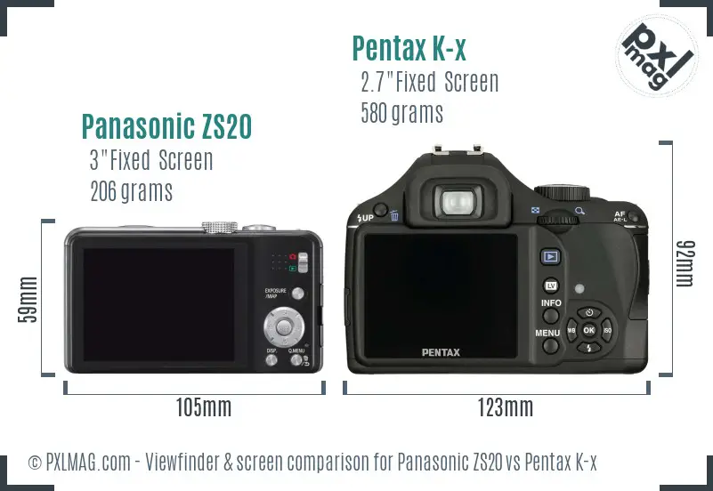 Panasonic ZS20 vs Pentax K-x Screen and Viewfinder comparison