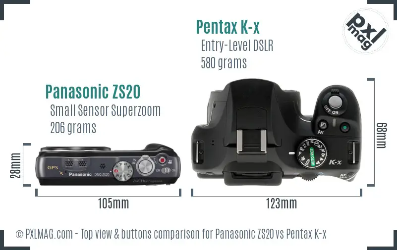 Panasonic ZS20 vs Pentax K-x top view buttons comparison