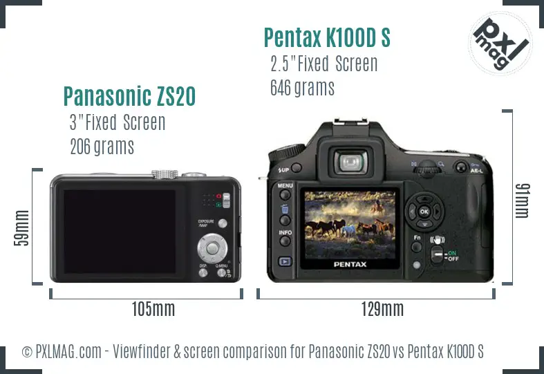 Panasonic ZS20 vs Pentax K100D S Screen and Viewfinder comparison