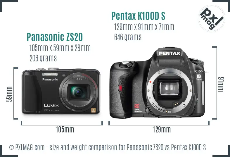Panasonic ZS20 vs Pentax K100D S size comparison