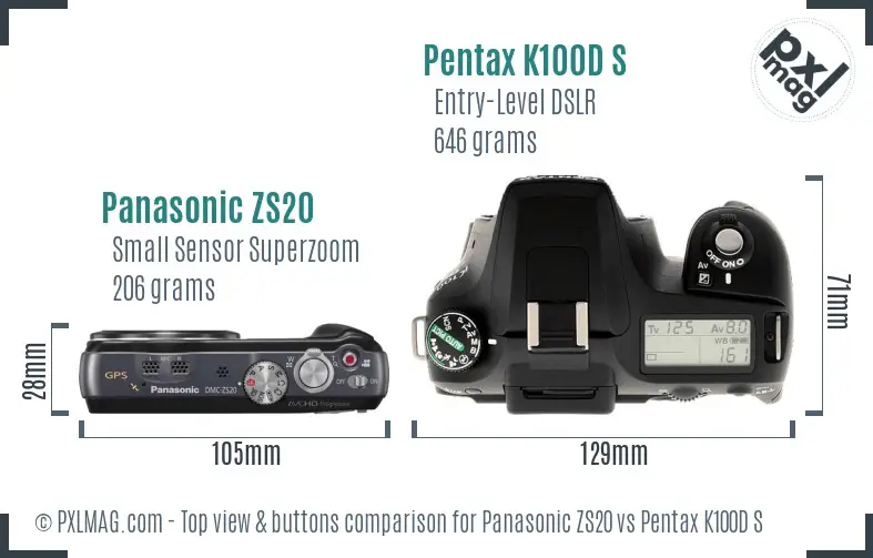 Panasonic ZS20 vs Pentax K100D S top view buttons comparison