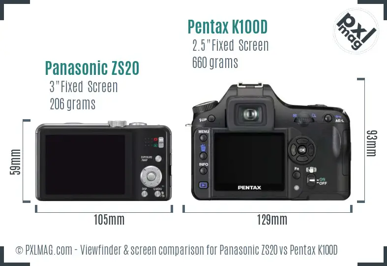 Panasonic ZS20 vs Pentax K100D Screen and Viewfinder comparison