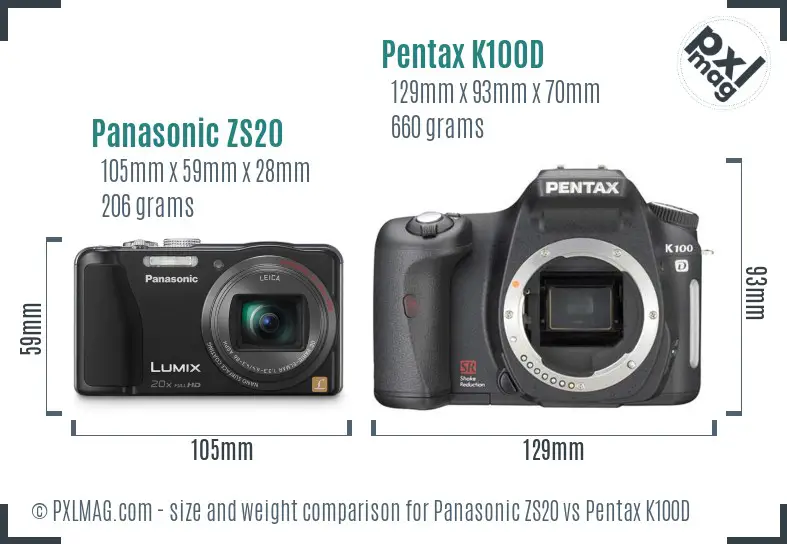 Panasonic ZS20 vs Pentax K100D size comparison