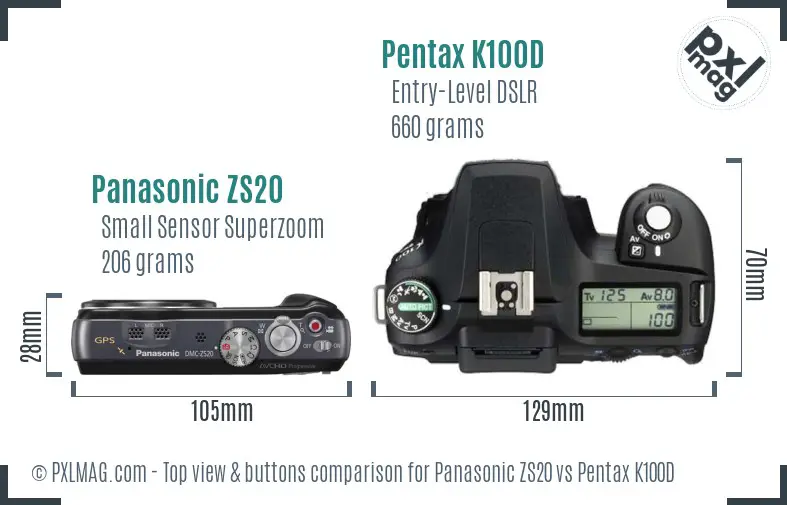 Panasonic ZS20 vs Pentax K100D top view buttons comparison