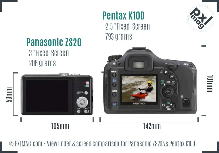 Panasonic ZS20 vs Pentax K10D Screen and Viewfinder comparison