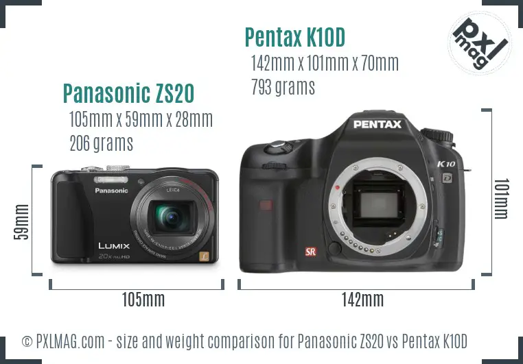 Panasonic ZS20 vs Pentax K10D size comparison