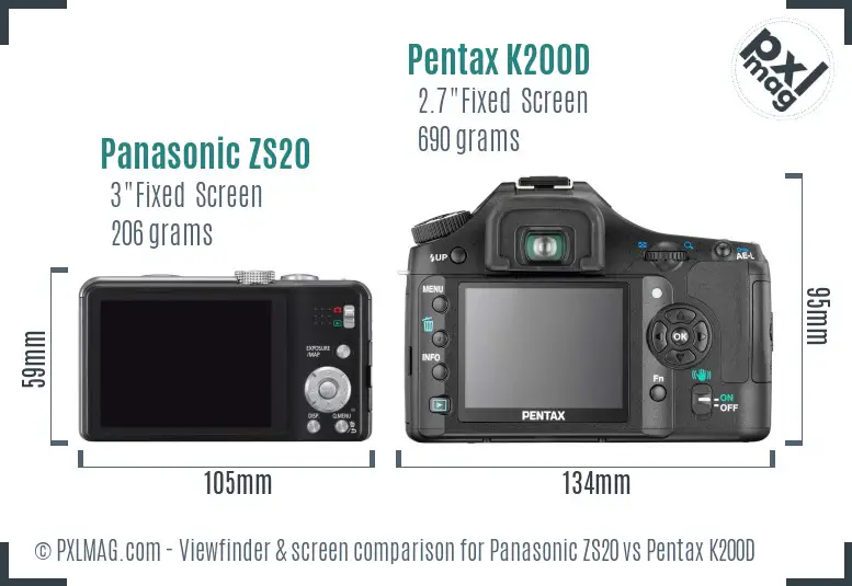 Panasonic ZS20 vs Pentax K200D Screen and Viewfinder comparison