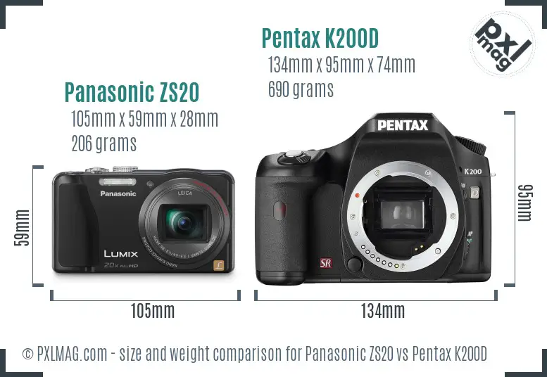 Panasonic ZS20 vs Pentax K200D size comparison