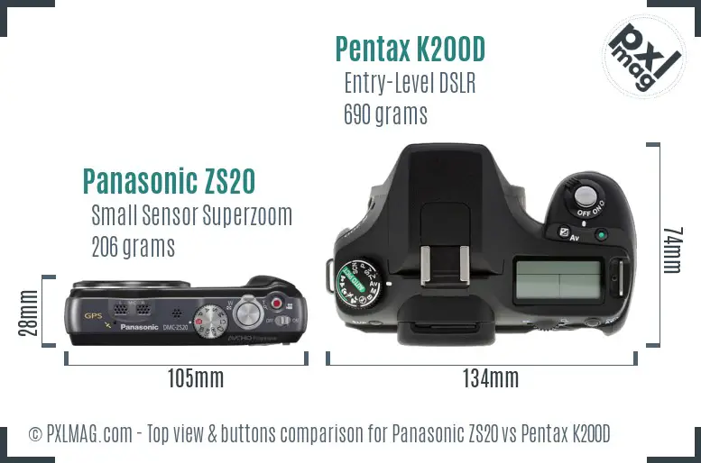 Panasonic ZS20 vs Pentax K200D top view buttons comparison