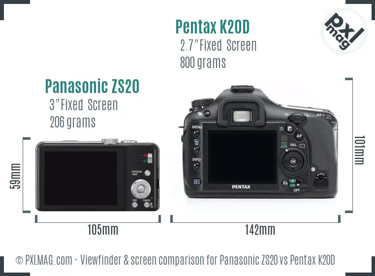 Panasonic ZS20 vs Pentax K20D Screen and Viewfinder comparison