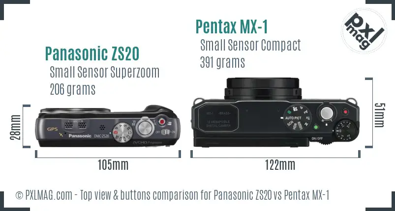 Panasonic ZS20 vs Pentax MX-1 top view buttons comparison