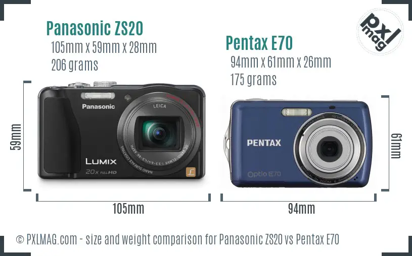 Panasonic ZS20 vs Pentax E70 size comparison