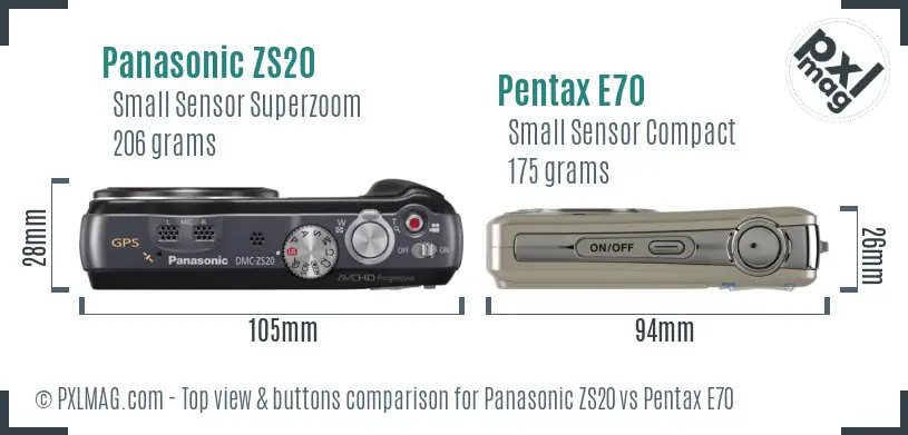Panasonic ZS20 vs Pentax E70 top view buttons comparison