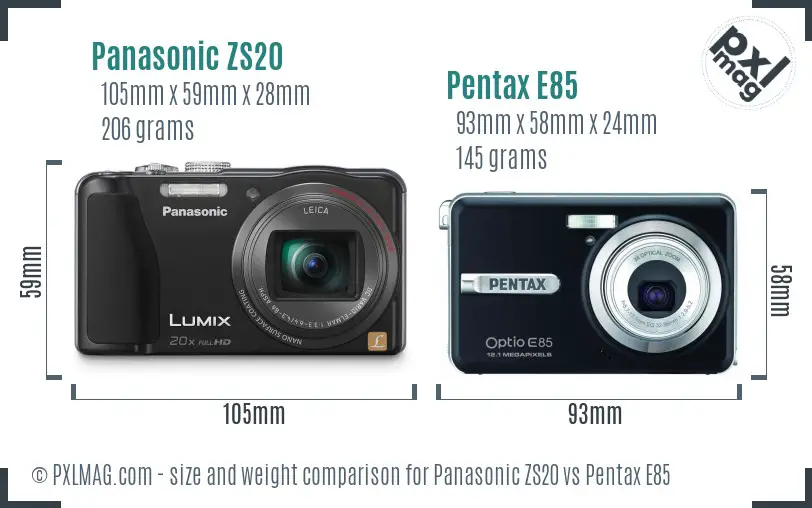 Panasonic ZS20 vs Pentax E85 size comparison