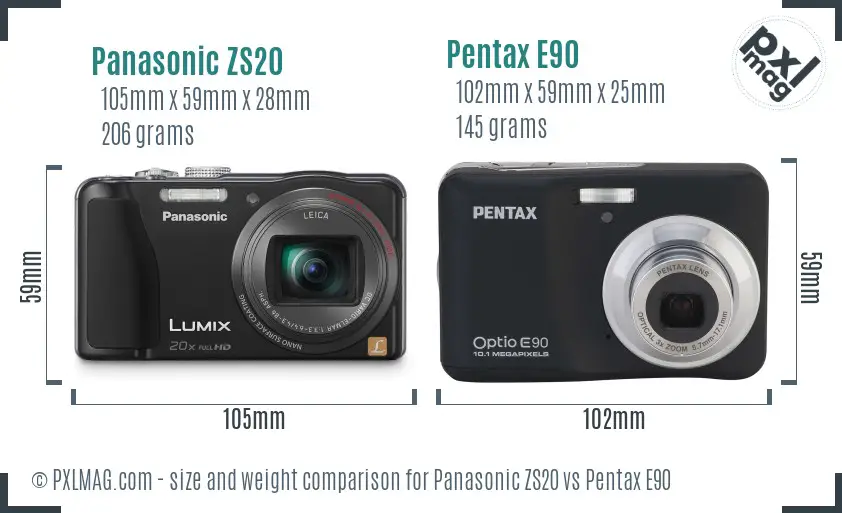 Panasonic ZS20 vs Pentax E90 size comparison