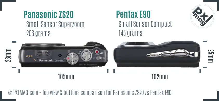 Panasonic ZS20 vs Pentax E90 top view buttons comparison