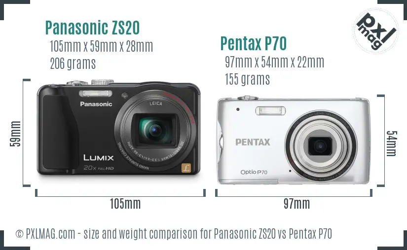 Panasonic ZS20 vs Pentax P70 size comparison