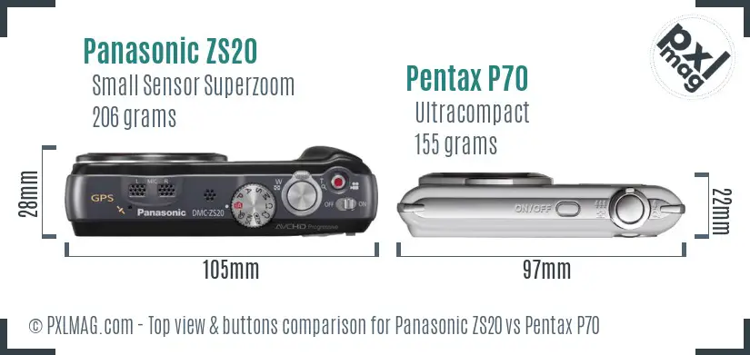 Panasonic ZS20 vs Pentax P70 top view buttons comparison