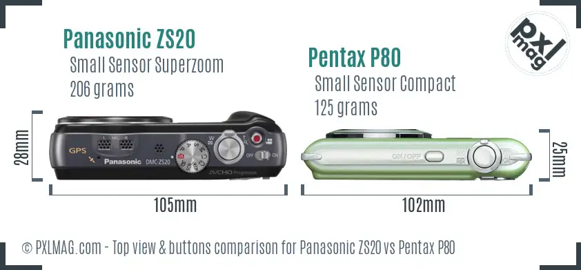 Panasonic ZS20 vs Pentax P80 top view buttons comparison
