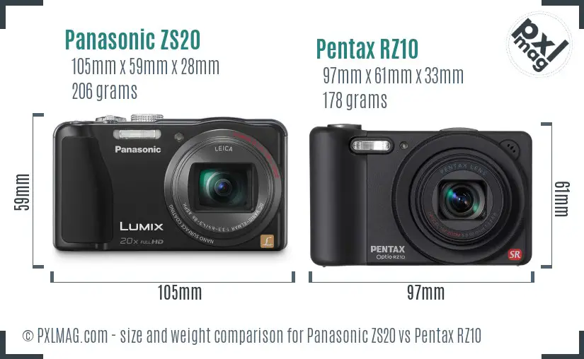 Panasonic ZS20 vs Pentax RZ10 size comparison