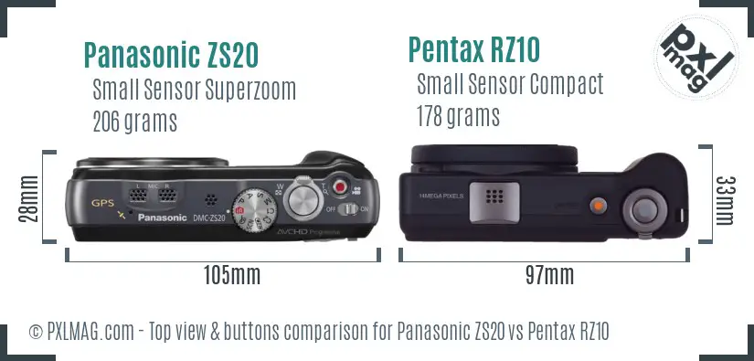 Panasonic ZS20 vs Pentax RZ10 top view buttons comparison