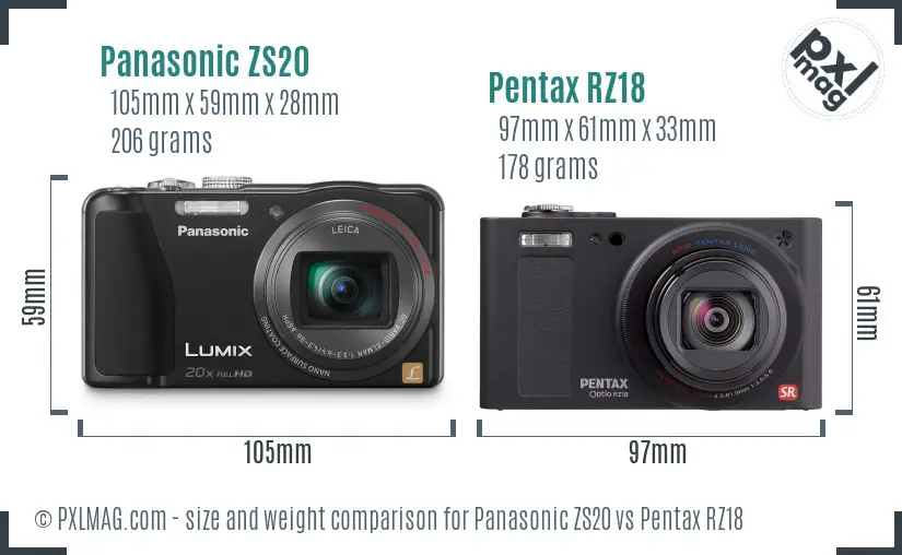 Panasonic ZS20 vs Pentax RZ18 size comparison