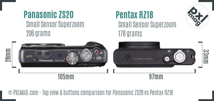Panasonic ZS20 vs Pentax RZ18 top view buttons comparison