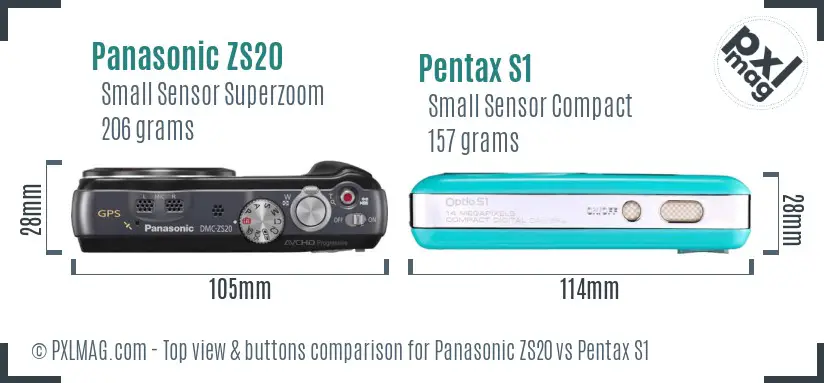 Panasonic ZS20 vs Pentax S1 top view buttons comparison