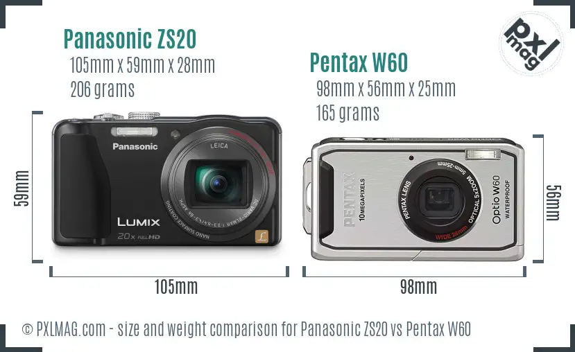 Panasonic ZS20 vs Pentax W60 size comparison