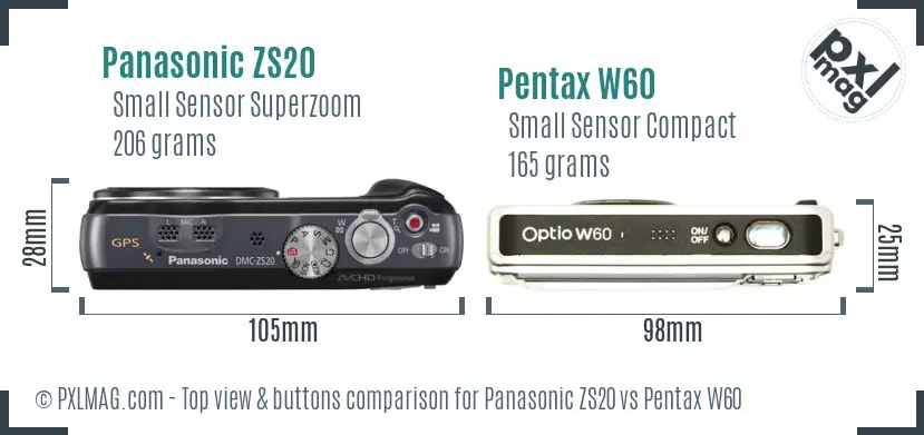 Panasonic ZS20 vs Pentax W60 top view buttons comparison