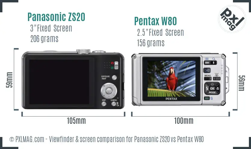 Panasonic ZS20 vs Pentax W80 Screen and Viewfinder comparison