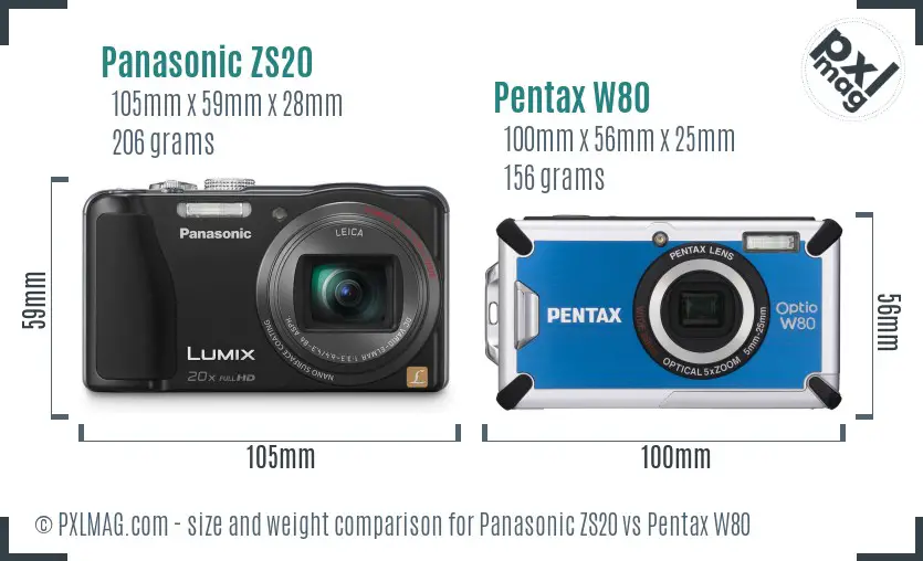Panasonic ZS20 vs Pentax W80 size comparison